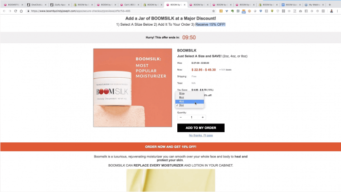 new split tests in OneClickUpsell - "BoomSilk Moisturizer"