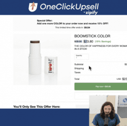 Post-purchase upsell offer from OneClickUpsell offering 15% savings.