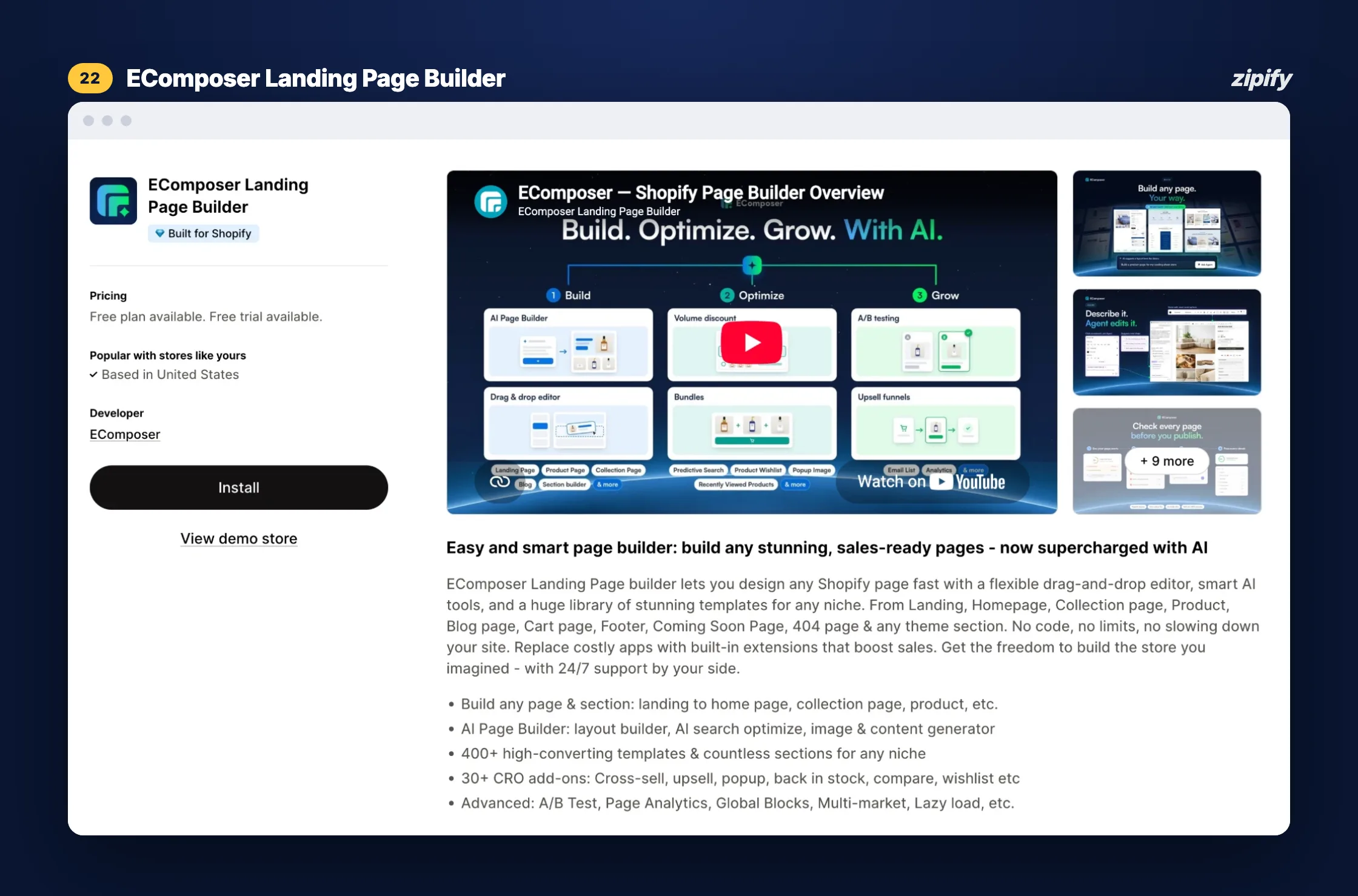 EComposer Landing Page Builder Shopify App Store listing