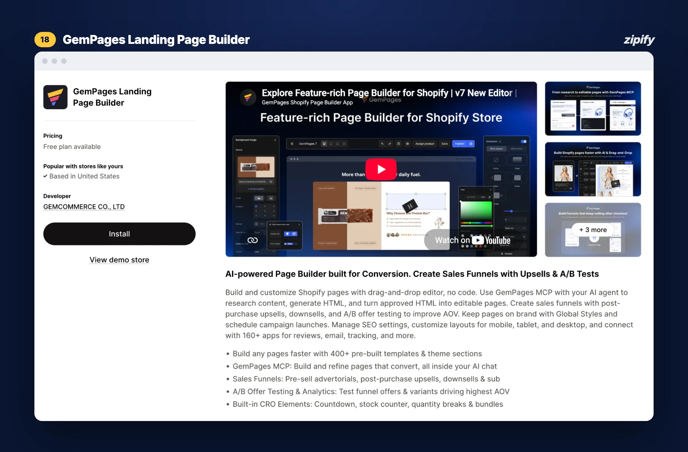 GemPages Landing Page Builder Shopify App Store listing