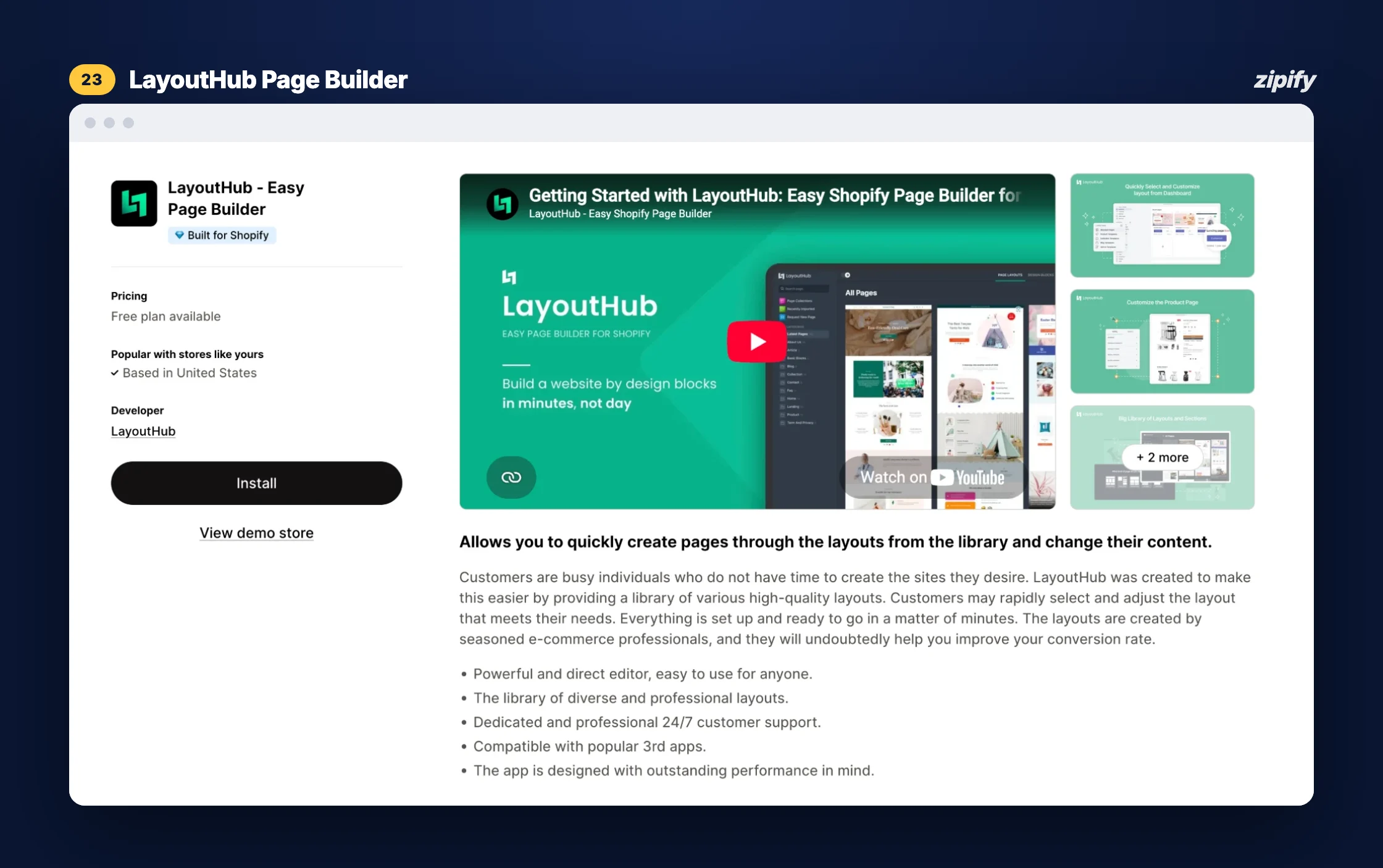 LayoutHub Easy Page Builder Shopify App Store listing