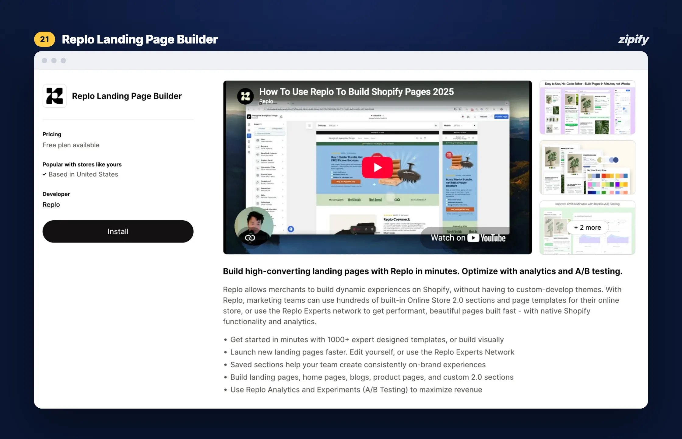 Replo Landing Page Builder Shopify App Store listing