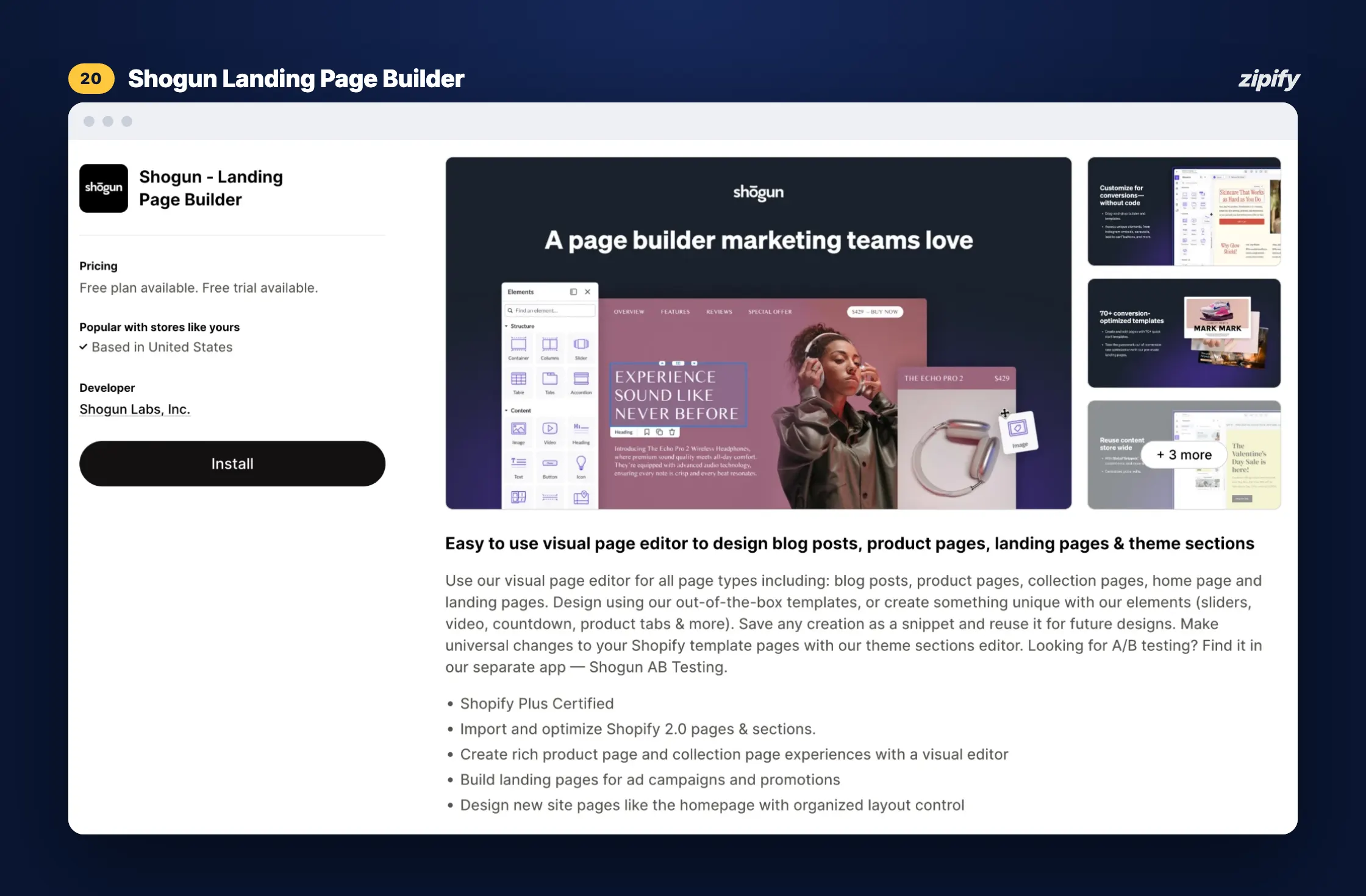 Shogun Landing Page Builder Shopify App Store listing