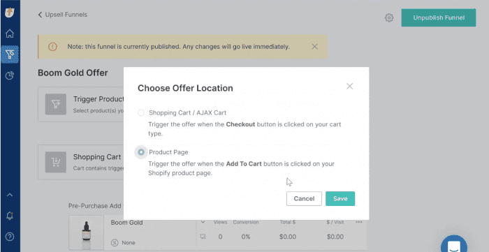 "Offer Location" set to "Product Page" inside of Zipify OneClickUpsell