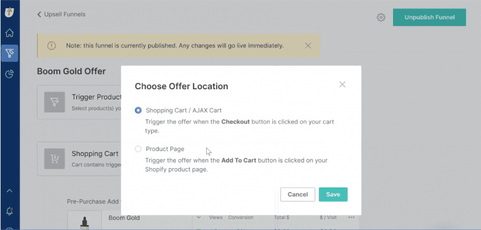 "Offer Location" selector inside of Zipify OneClickUpsell