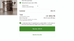 Image of consent box for subscription charges and store's subscription policy inside of OneClickUpsell