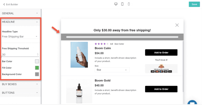 Multi-product pre-purchase upsell editor "free shipping bar" customizable options.