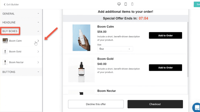 Multi-product pre-purchase upsell editor "buy boxes" section
