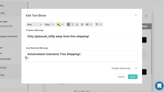 Text editor for the "free shipping bar".