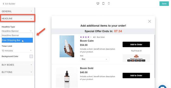 Multi-product pre-purchase upsell editor "Headline" and "Headline Type" sections.
