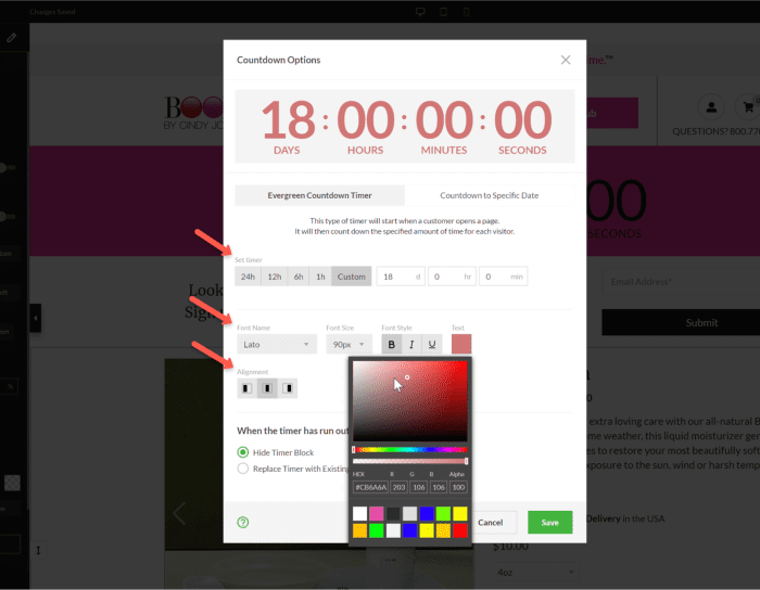 Editable timer appearance settings inside the Zipify Pages editor.