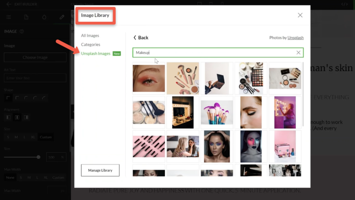 Unsplash Images section showing search results for "makeup".