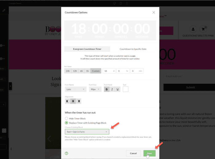 Countdown timer options with text & opt-in form selected as the replacement block.