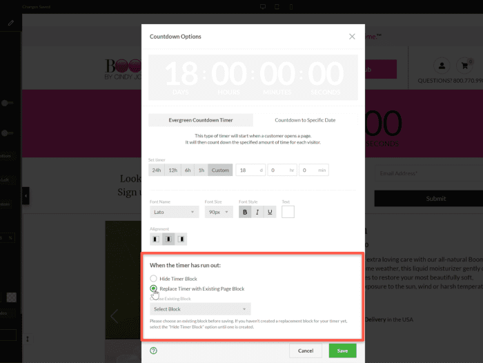 Countdown timer post-countdown action options: hide timer block & replace timer with an existing page block.