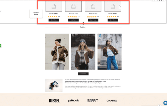 The Hero Callout Apparel Homepage template with the collection block hightlighted