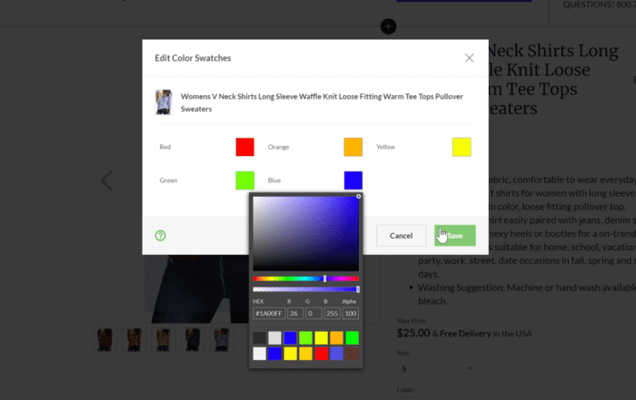 Color swatch editor for product variant inside Zipify Pages.
