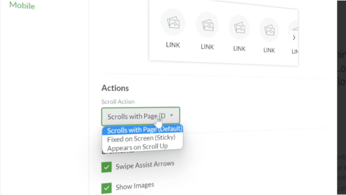 The scrollable text nav + image block "Actions" settings.