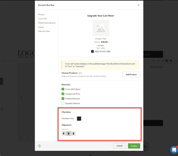 The cross-sell "checkbox" section for the dynamic buy box inside the zipify pages editor