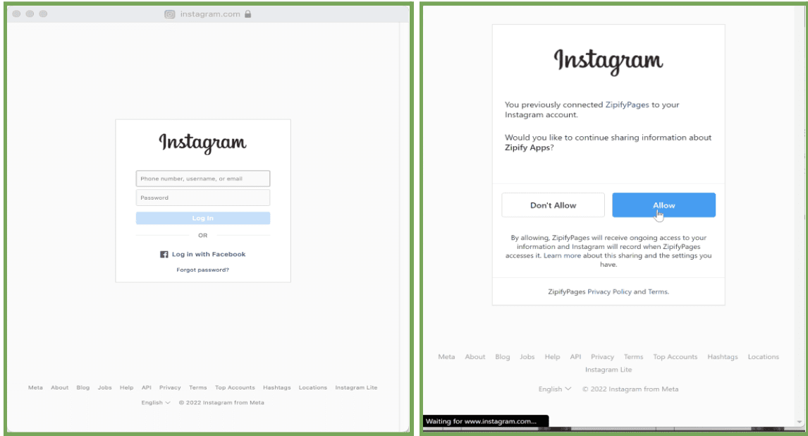 Zipify Pages' Instagram Login approval screen