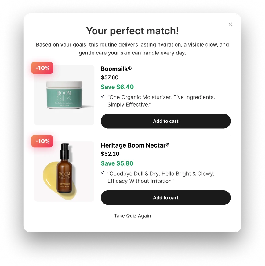 PerfectMatch quiz result recommending two products