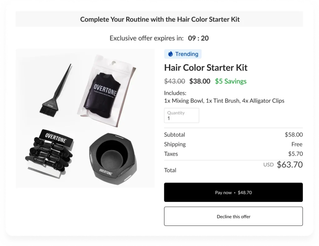 Post-purchase upsell page with a one-click Pay now button