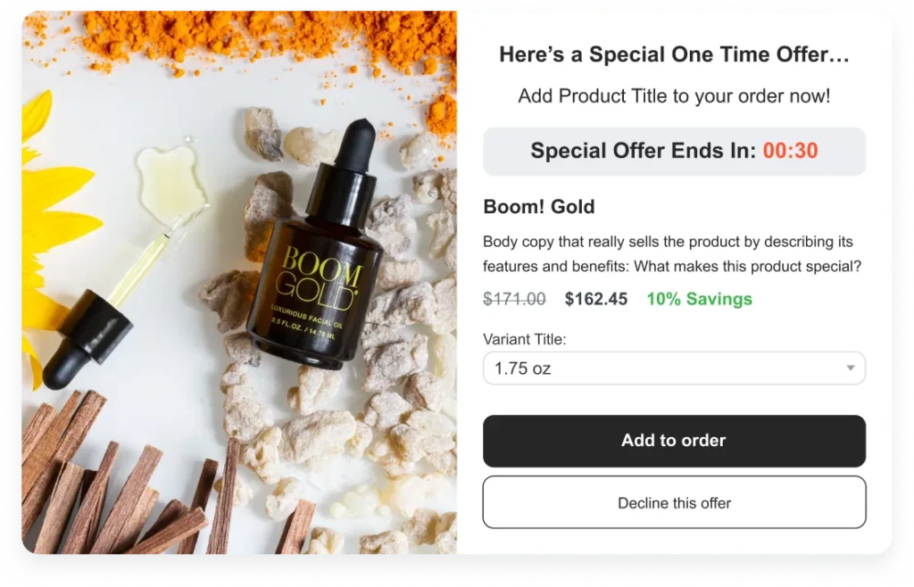 Pre-purchase pop-up with a one-time offer and countdown