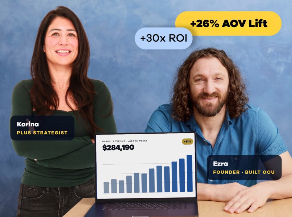 Karina, a Zipify Plus strategist, and Ezra Firestone, who built One Click Upsell, beside a laptop showing $284,190 of upsell revenue over the last 12 weeks