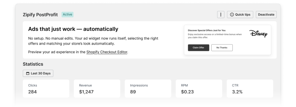 Zipify PostProfit dashboard showing ad performance stats — clicks, revenue, impressions, RPM, and CTR over the last 30 days