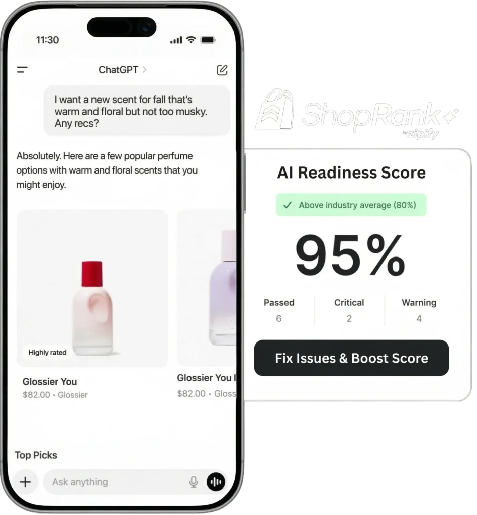 A shopper asking ChatGPT for a product recommendation, beside a 95% AI Readiness Score