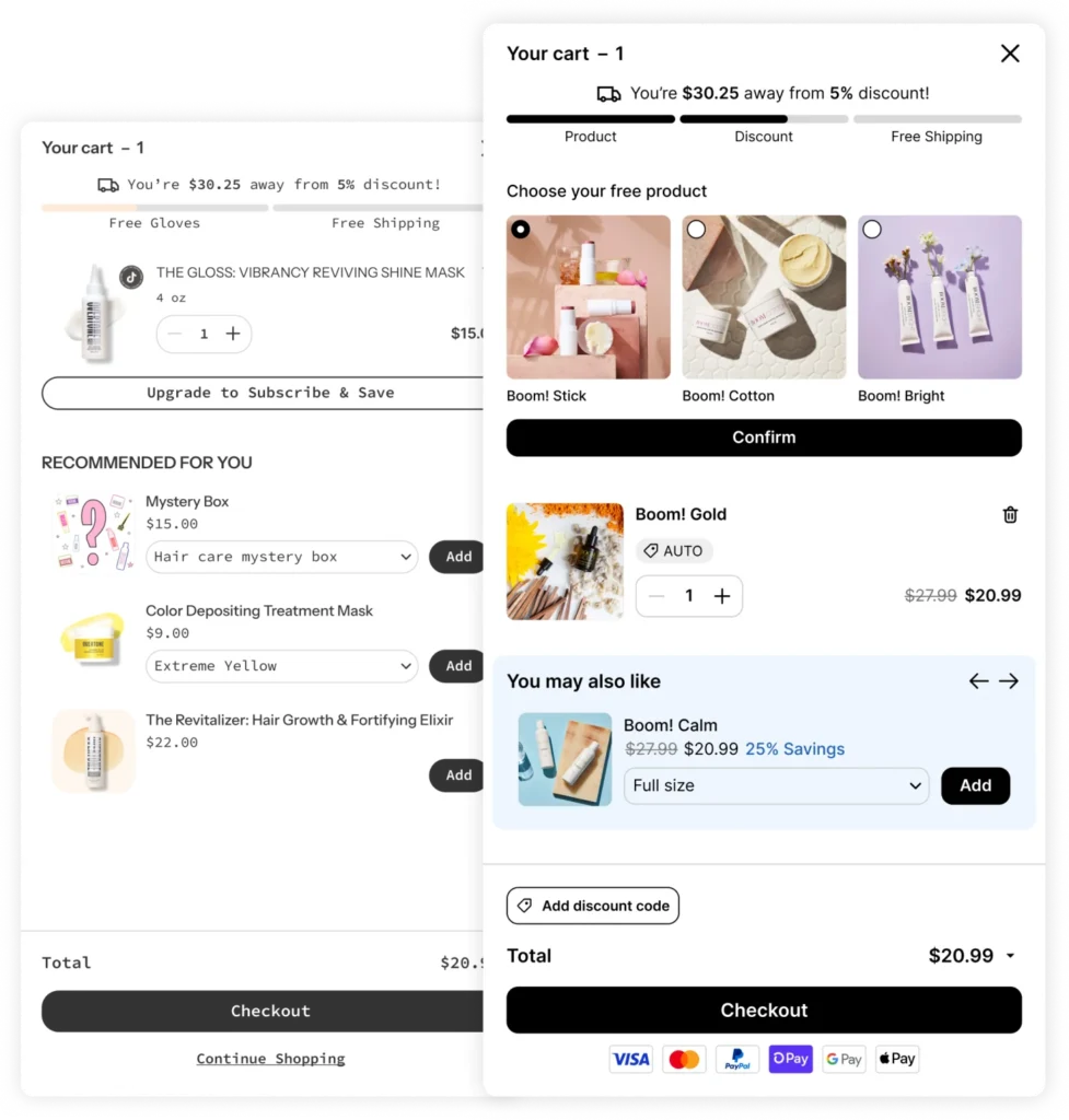 Slide cart drawer with free-shipping progress bar, free product picker and You may also like upsell