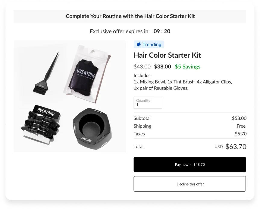 Post-purchase upsell page with a Hair Color Starter Kit offer and one-click Pay now button