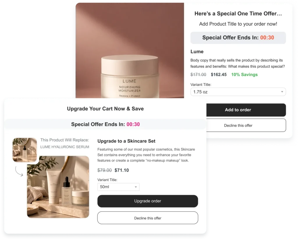 Pre-purchase pop-up with a one-time offer and an Upgrade your cart now cart upgrade offer