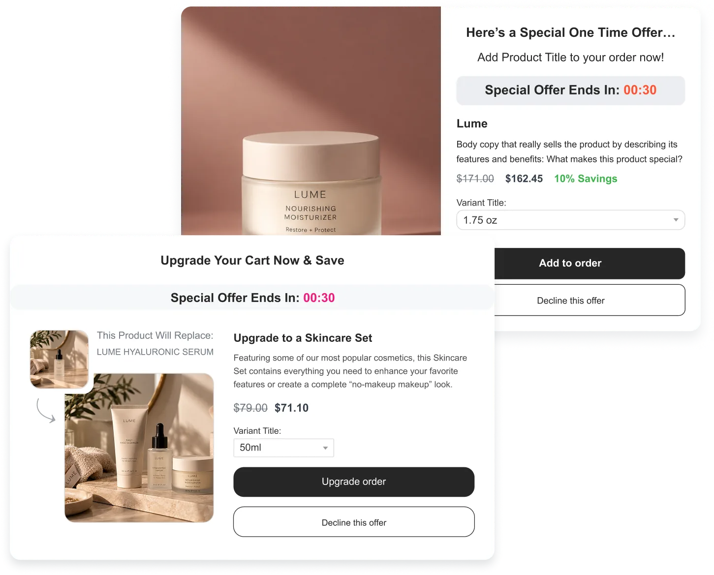 Pre-purchase pop-up with a one-time offer and an Upgrade your cart now cart upgrade offer