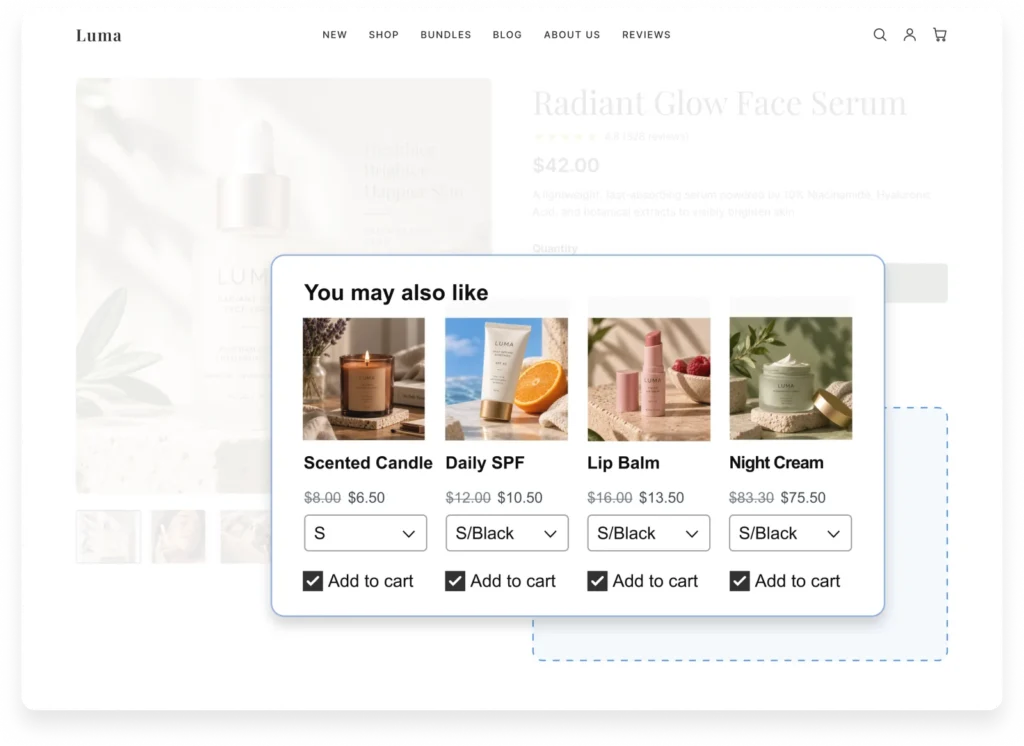 Product page upsell widget with a You may also like carousel and one-click add to cart