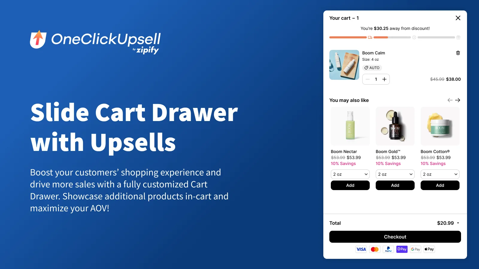 OneClickUpsell Slide Cart Drawer with a free-discount progress bar and three in-cart upsell offers
