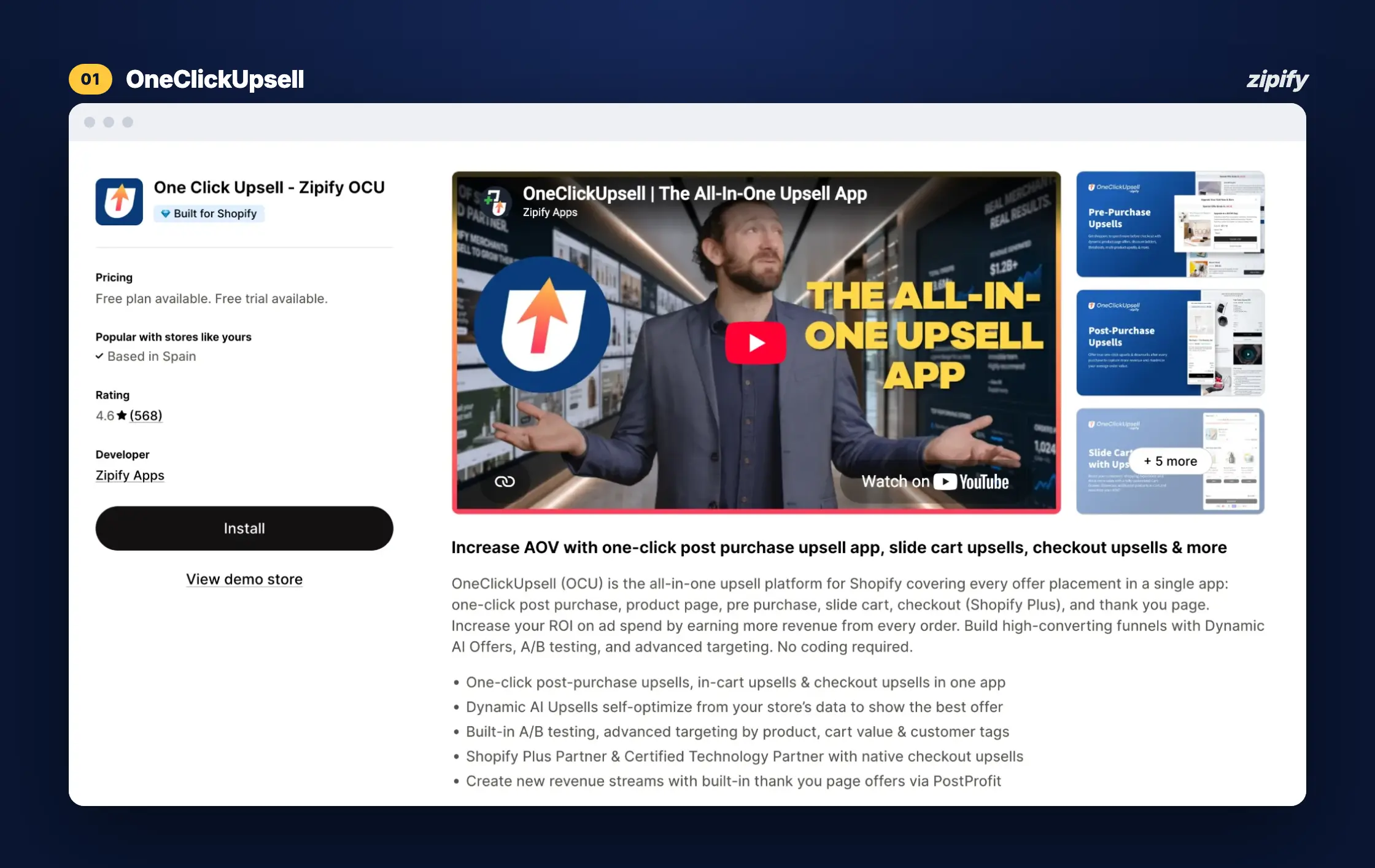 One Click Upsell listing on the Shopify App Store