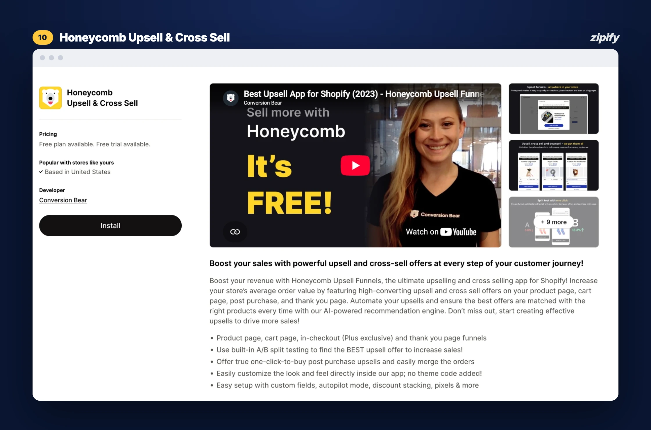 Honeycomb Upsell & Cross Sell Shopify App Store listing features