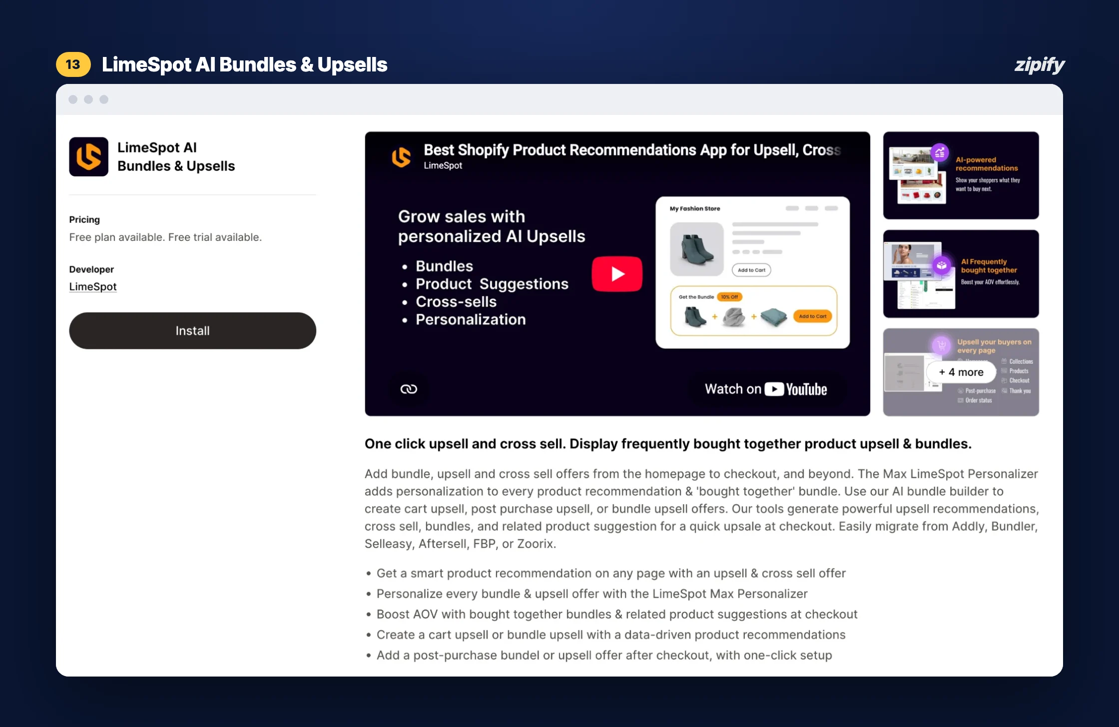 LimeSpot AI Bundles & Upsells listing on the Shopify App Store