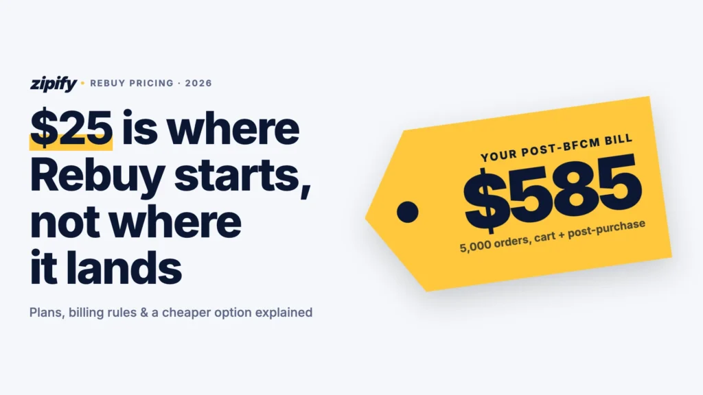 Rebuy pricing in 2026: $25 is where Rebuy starts, while a 5,000-order month leads to a $585 bill for cart and post-purchase