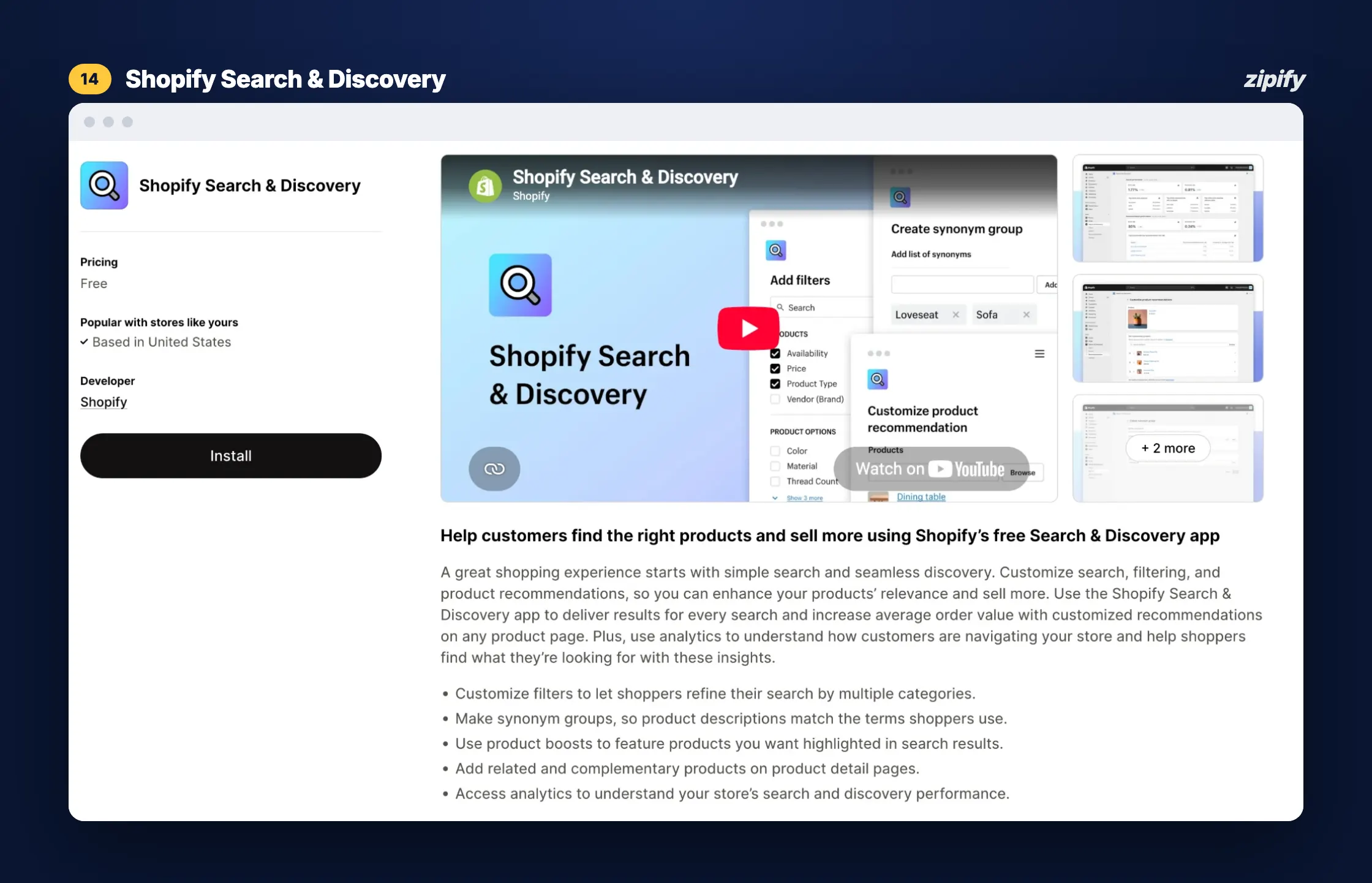 Shopify Search & Discovery listing on the Shopify App Store