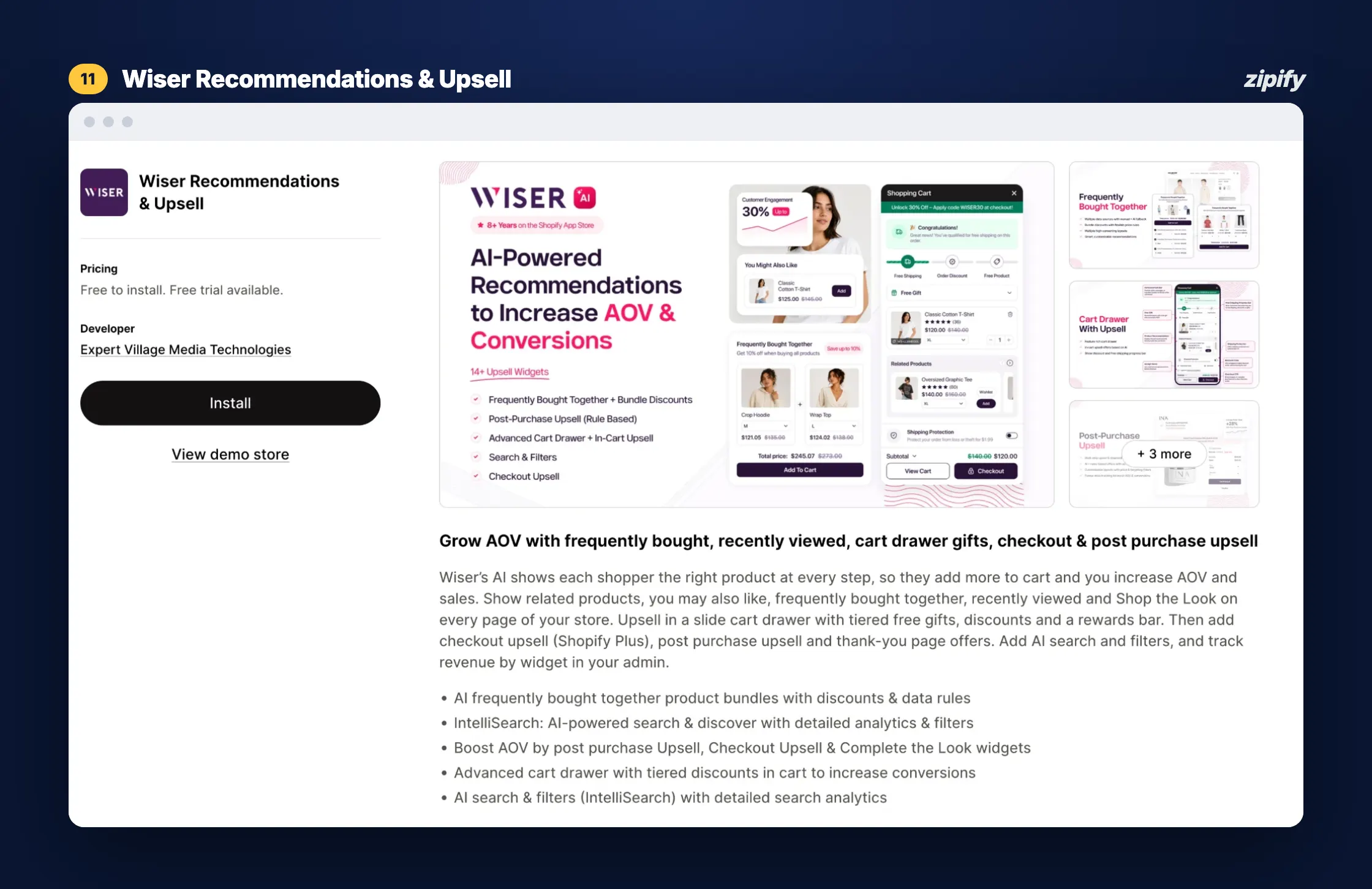 Wiser AI Upsell & Cross Sell listing on the Shopify App Store